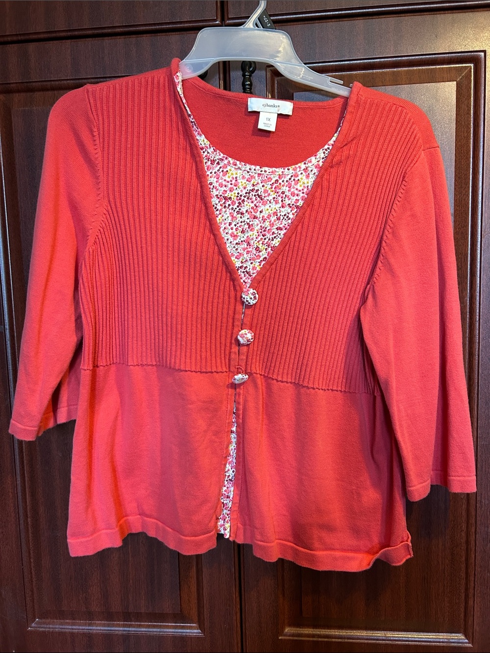 CJ Banks Coral Red Layered-Look Cardigan with Floral Trim